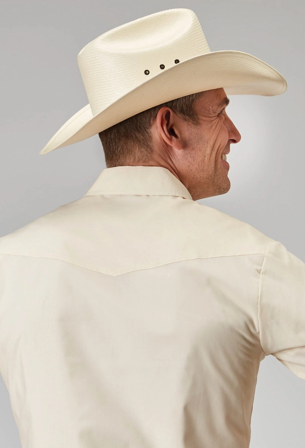 Roper Mens Solid Broadcloth Warm Ecru Cotton Blend L/S Shirt Flexible Mobility