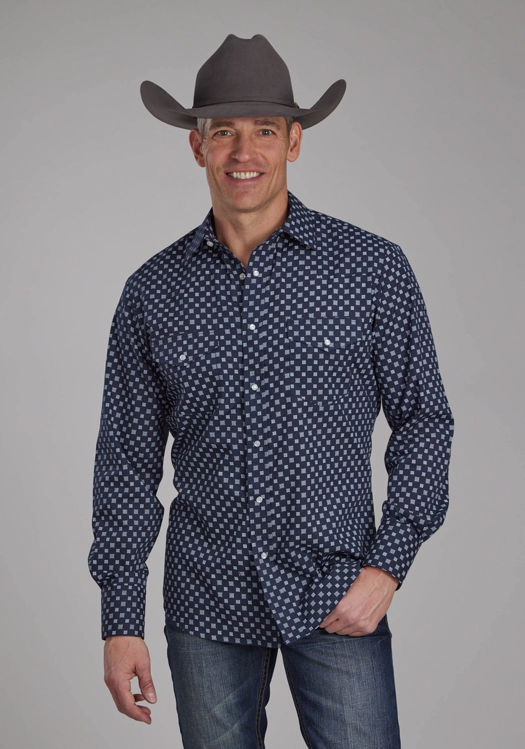 Roper Mens Squares Print Navy/White Cotton Blend L/S Shirt Subtle Details Smooth Cotton Blend
