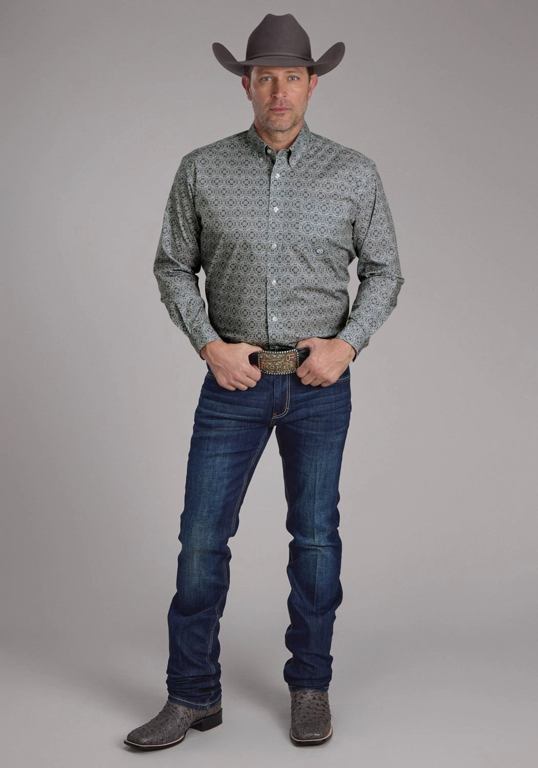 Tear Resistant Reinforcement Weekend Adventure Roper Mens Stretch Medallion Paisley Grey Cotton Blend 1 Pkt L/S Shirt