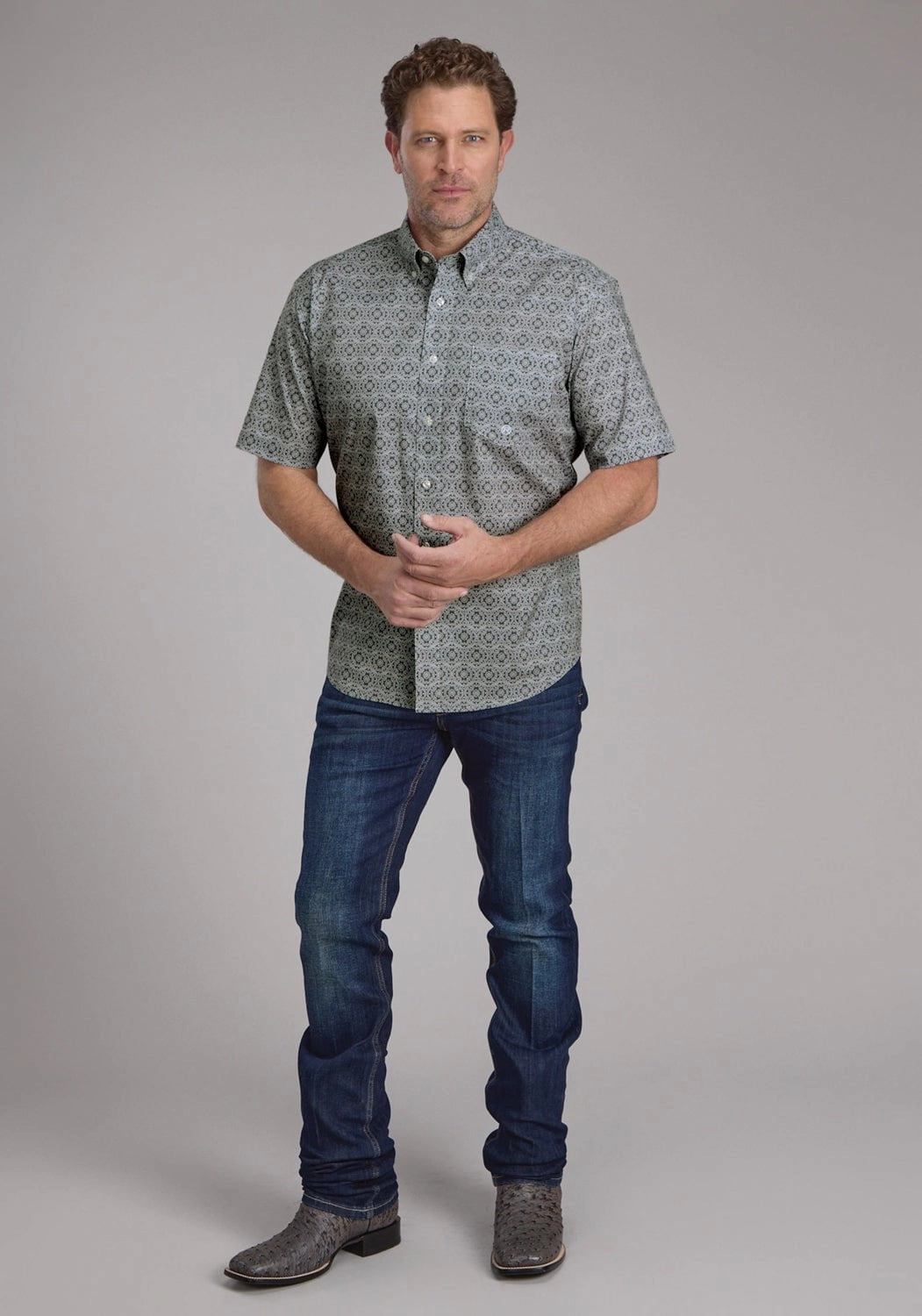 Roper Mens Stretch Medallion Paisley Grey Cotton Blend 1 Pkt S/S Shirt Lightweight Comfort