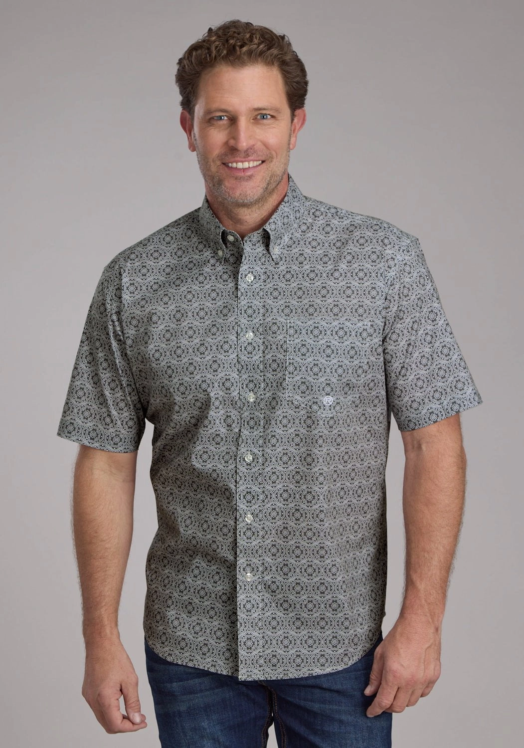 Roper Mens Stretch Medallion Paisley Grey Cotton Blend 1 Pkt S/S Shirt Summer Must-have Trendy Pattern