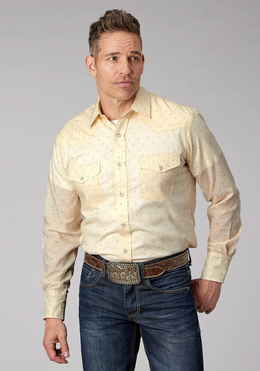 Bold Prints Roper Mens Tall Diamond Wallpaper White Cotton Blend L/S Shirt