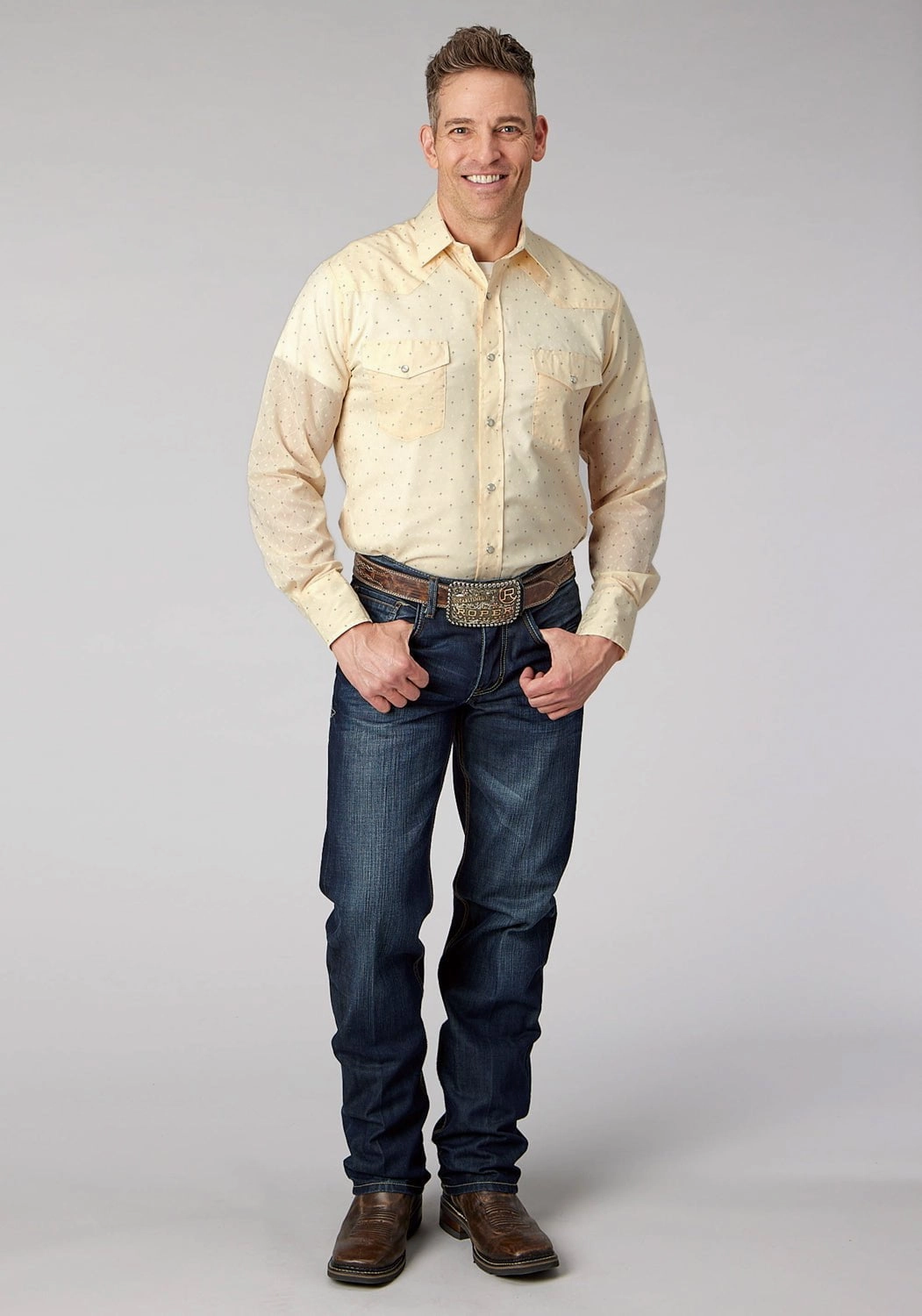 Soft Touch Fabric Non Static Finish Roper Mens Tall Diamond Wallpaper White Cotton Blend L/S Shirt