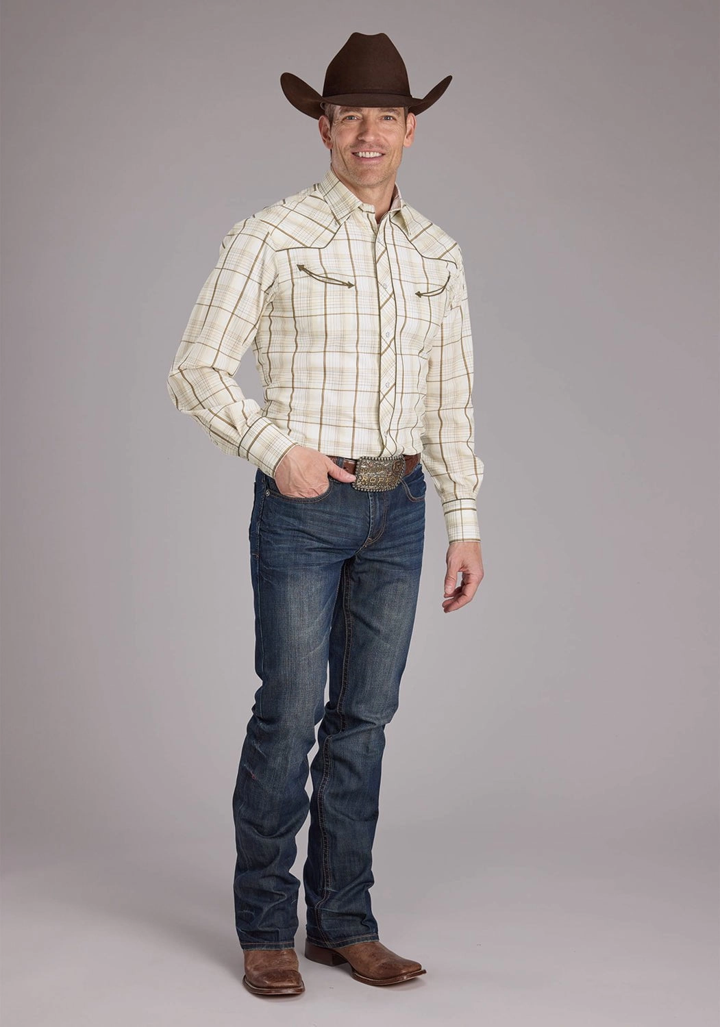 Roper Mens Tall Neutral Plaid Tan Cotton Blend Bronc Rider L/S Shirt All Day Comfort Tech