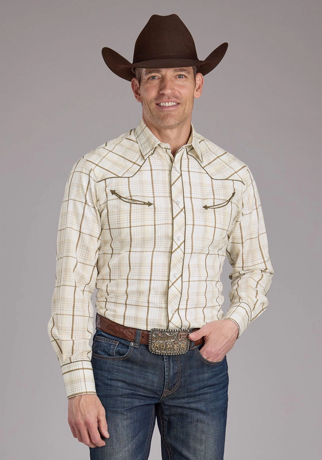 Roper Mens Tall Neutral Plaid Tan Cotton Blend Bronc Rider L/S Shirt Matte Finish