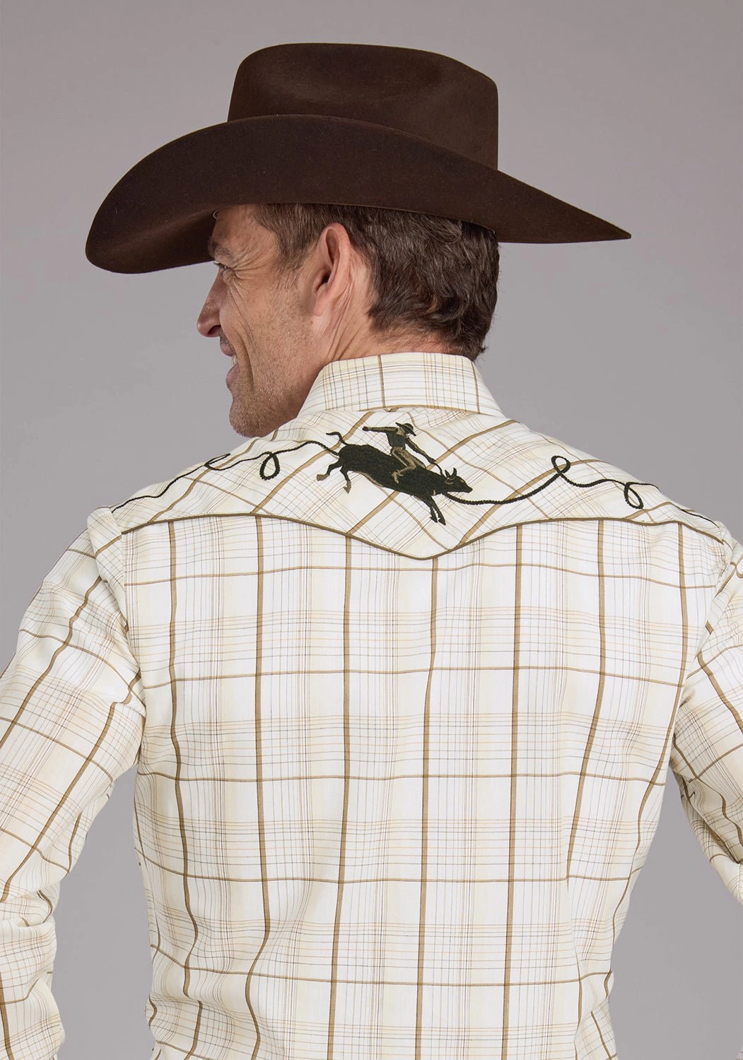 Sleek Silhouette Roper Mens Tall Neutral Plaid Tan Cotton Blend Bronc Rider L/S Shirt