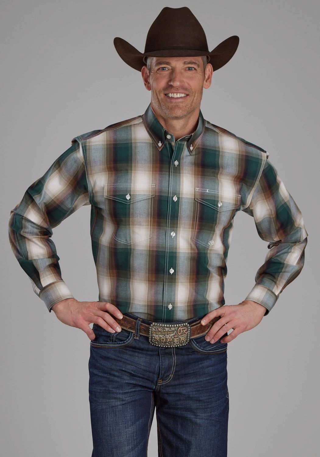 Roper Mens Tall Tree Plaid Multi-Color 100% Cotton Btn L/S Shirt Durable Thread Construction