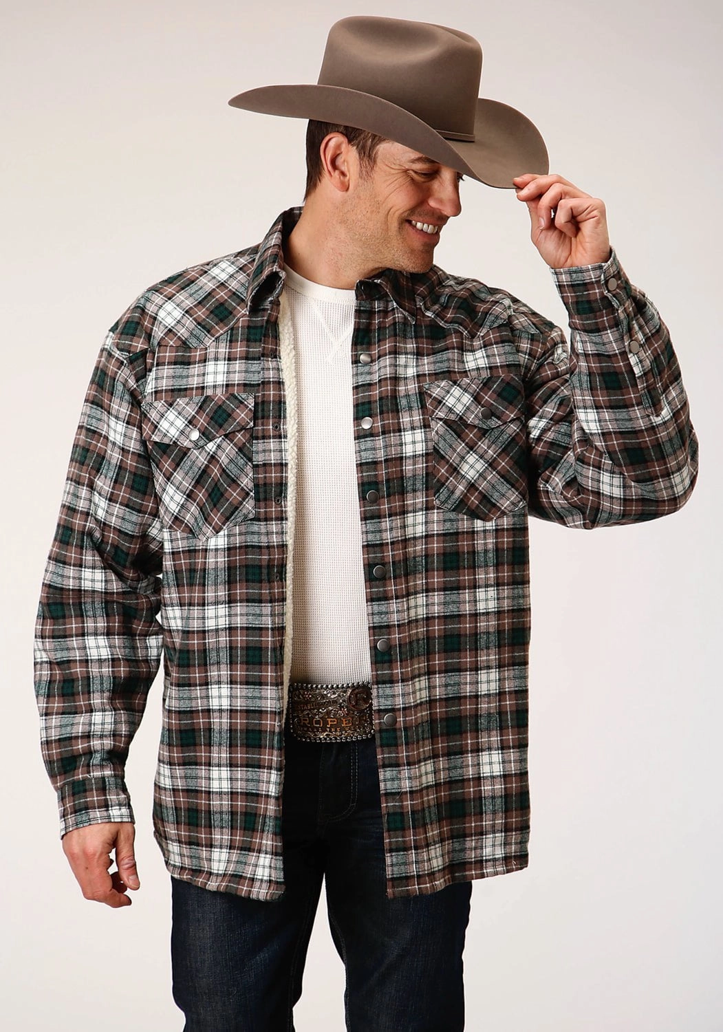Roper Mens Tan 100% Cotton Sherpa Flannel Plaid L/S Tall Shirt Pullover Design Bold colors