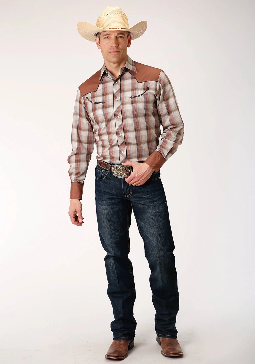 Current Style Versatile Layering Roper Mens Tan/Brown Cotton Blend Wine Plaid L/S Retro Shirt