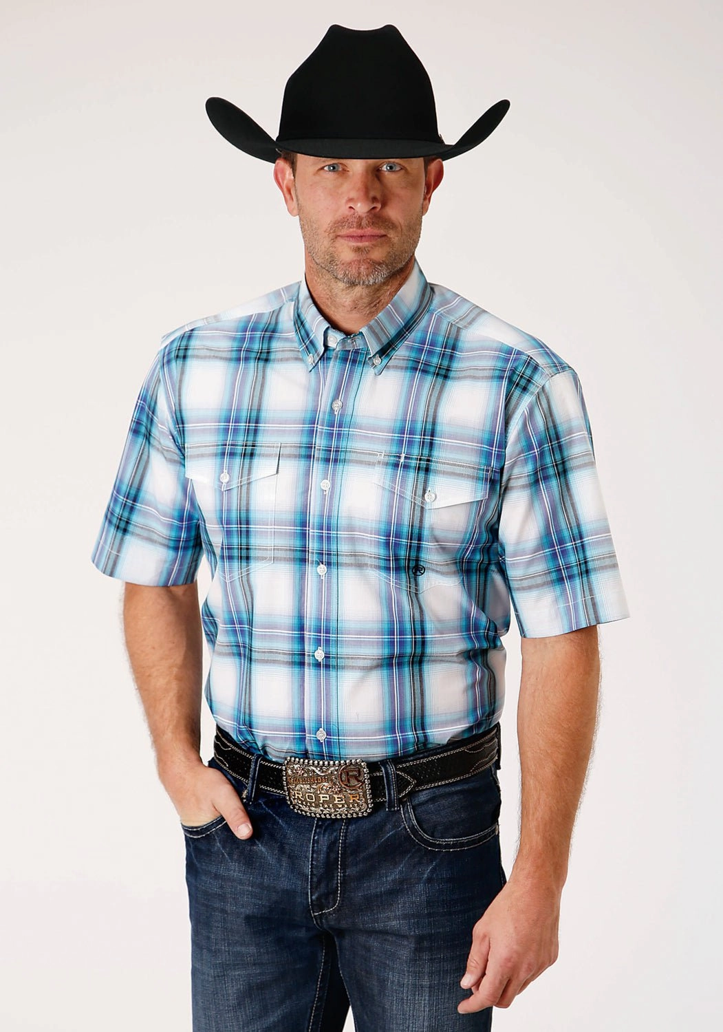 wrinkle free No Slip Shoulder Grip Roper Mens Teal 100% Cotton Clear Sky BD S/S Button Shirt