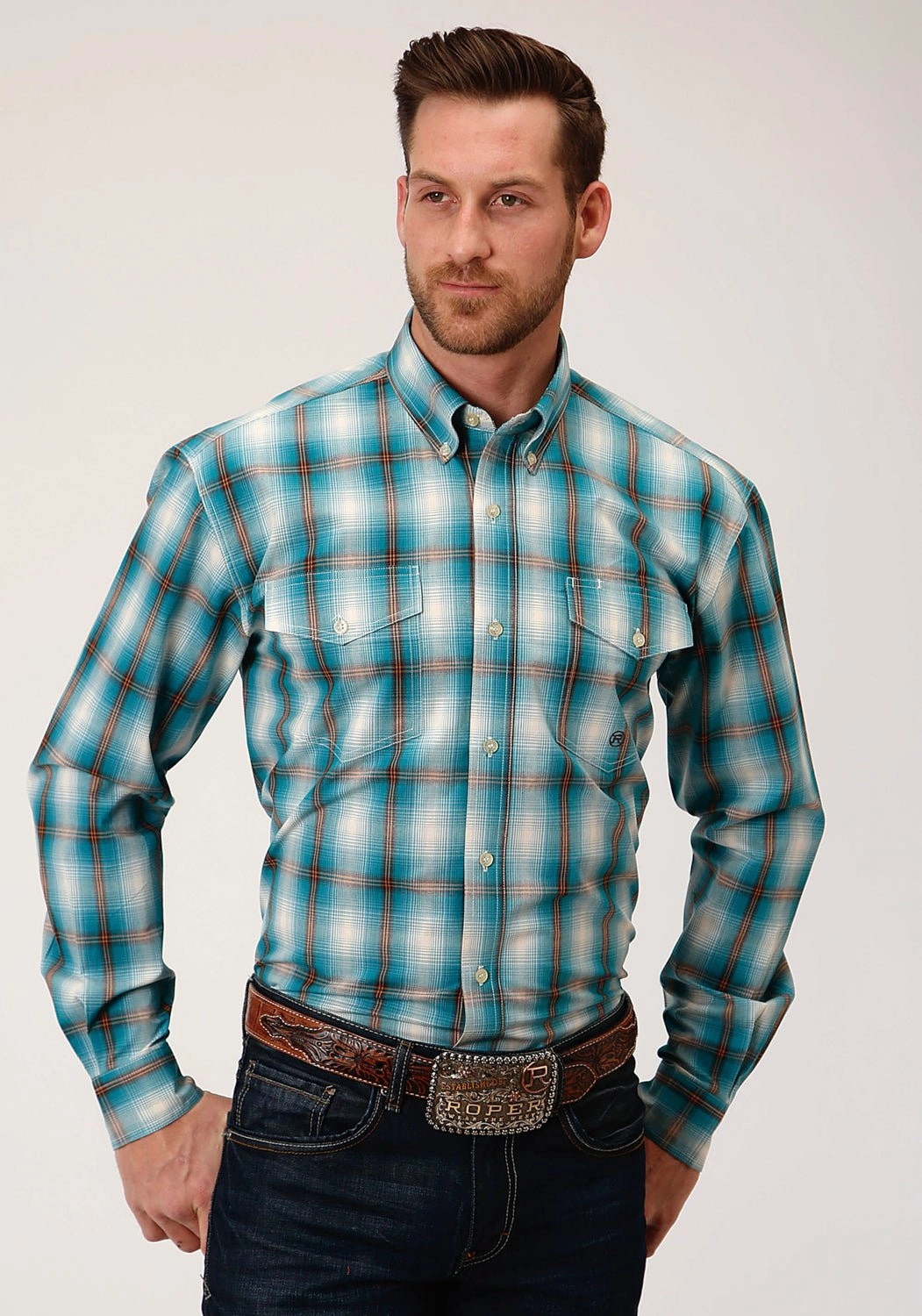 mix and match Roper Mens Teal 100% Cotton Ombre BD L/S Tall Shirt