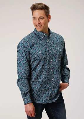 Water Repellent Finish Roper Mens Teal 100% Cotton Purple Sage Paisley BD L/S Btn Shirt