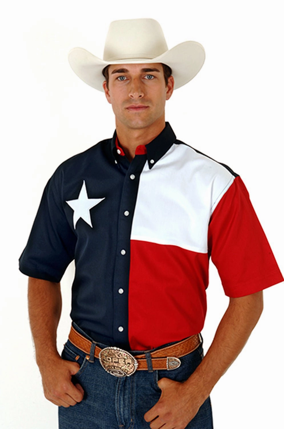 Relaxed Style Roper Mens Texas Star Flag Navy/White 100% Cotton Btn S/S Shirt