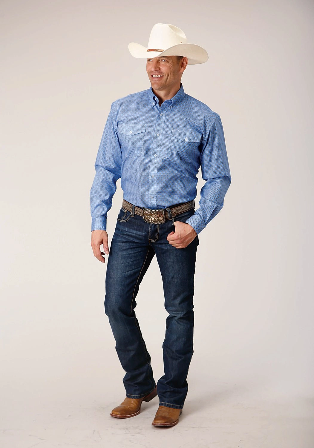 Smart Look Roper Mens Thistle Foulard Blue 100% Cotton L/S Shirt