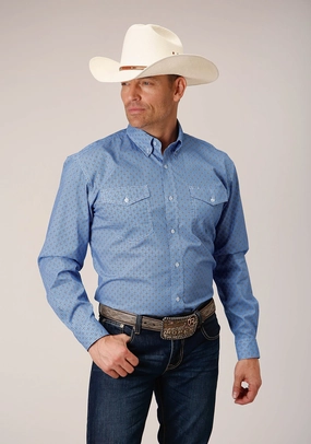 Roper Mens Thistle Foulard Blue 100% Cotton L/S Shirt Linen blend Wrinkle-Free