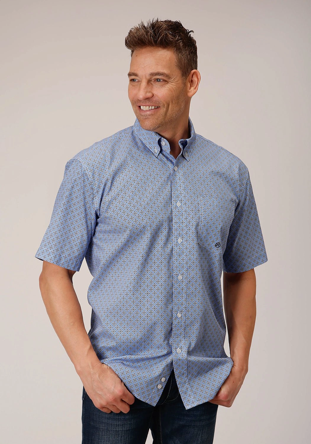 Patterned Texture Roper Mens Thistle Foulard Blue 100% Cotton S/S Shirt