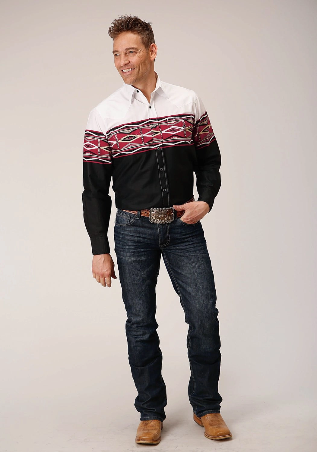 Printed design Stylish Design Roper Mens Tribal Border Vintage Black 100% Cotton L/S Shirt