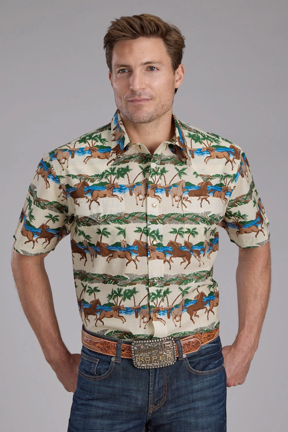 Hidden Button Placket Metallic Finish Roper Mens Tropical Horses Brown/Green 100% Cotton S/S Shirt