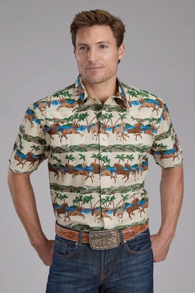 Roper Mens Tropical Horses Brown/Green 100% Cotton S/S Shirt Wrinkle Free Care Round Collar