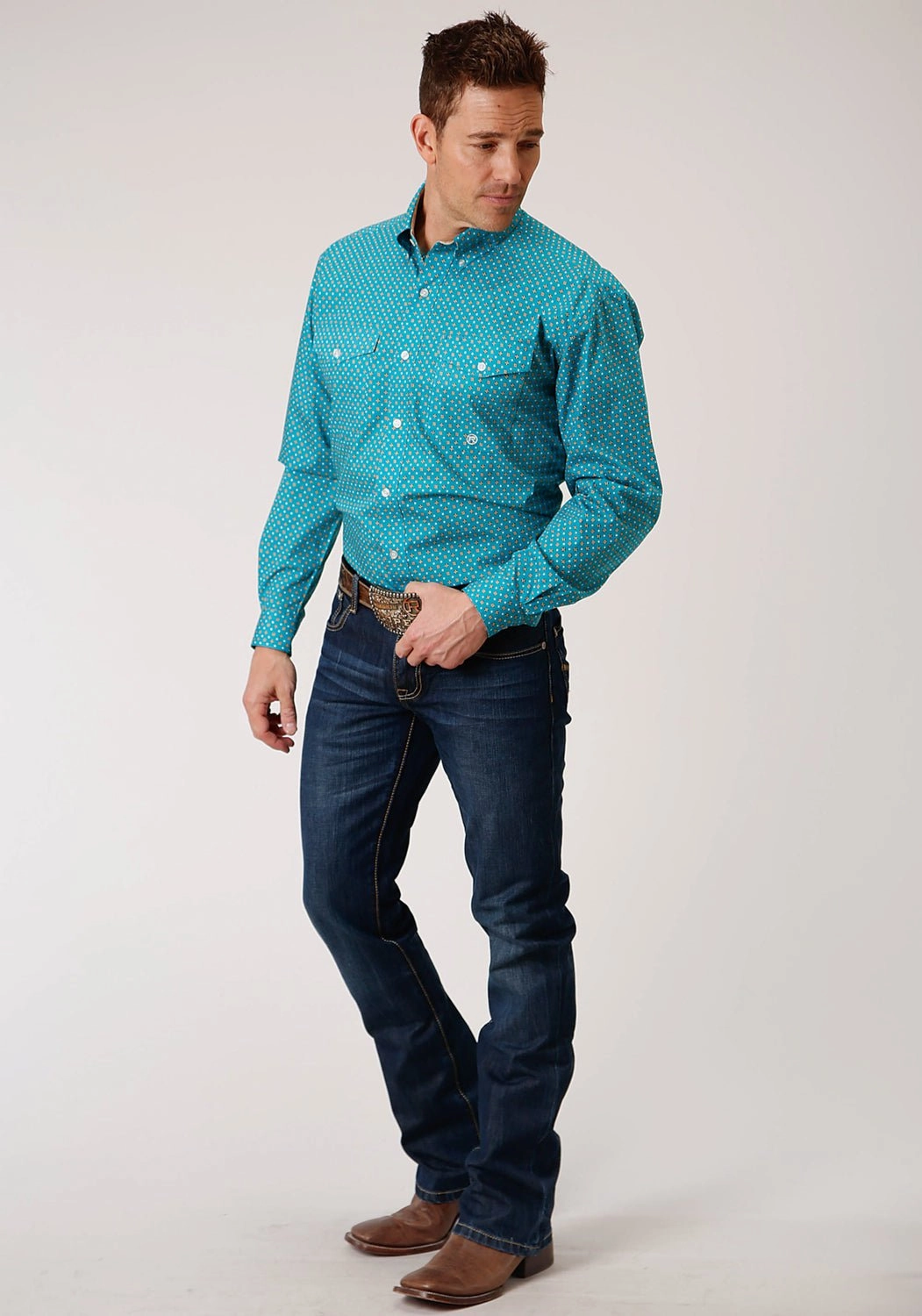 Roper Mens Turquoise 100% Cotton Foulard BD L/S Button Shirt Water Repellent Finish Holiday Style