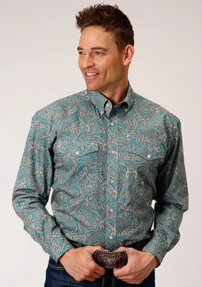 Modern Look Roper Mens Turquoise 100% Cotton Saddle Paisley BD L/S Button Shirt
