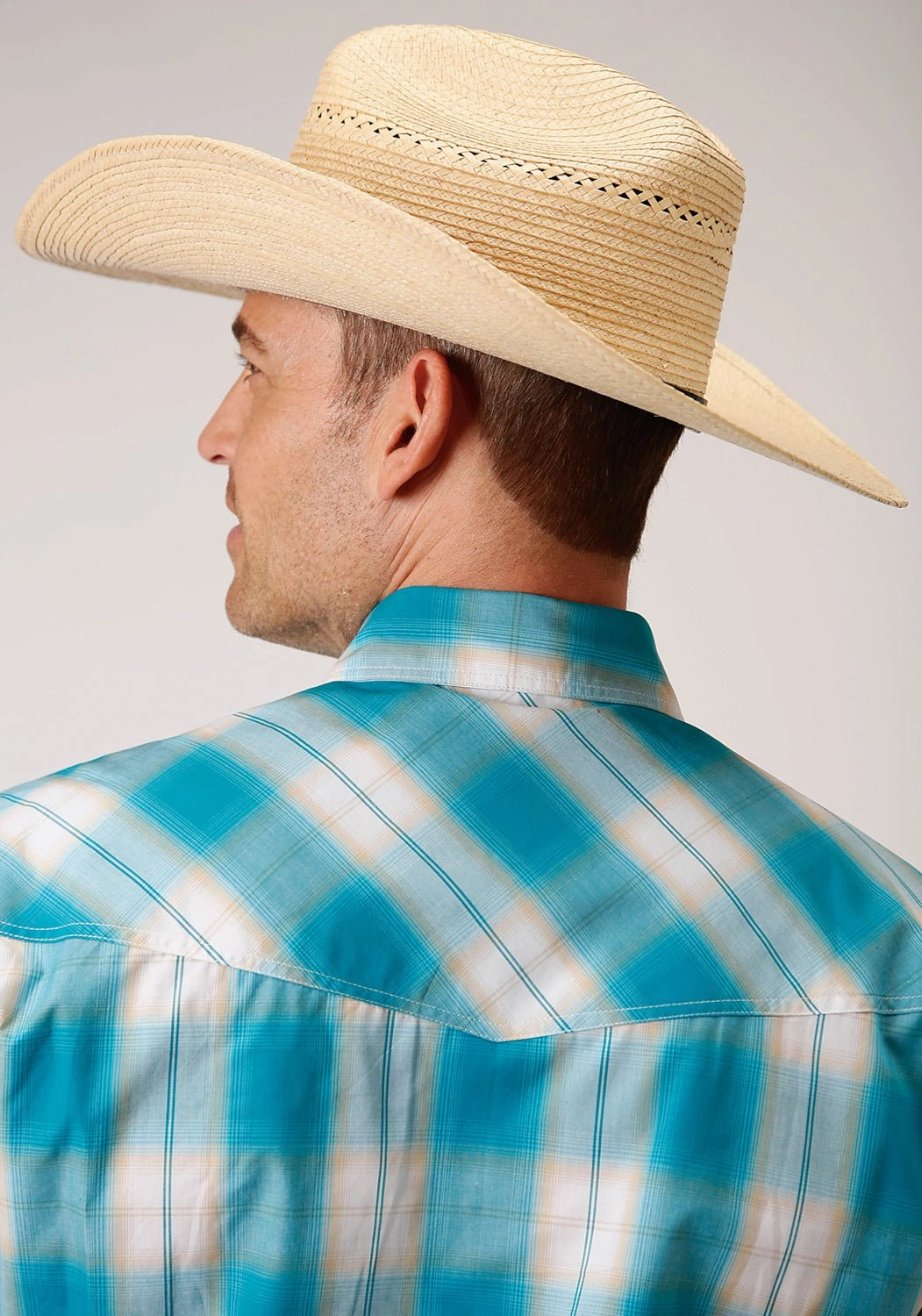 Roper Mens Turquoise 100% Cotton Sand Ombre S/S Plaid Shirt Affordable Luxury youth trend