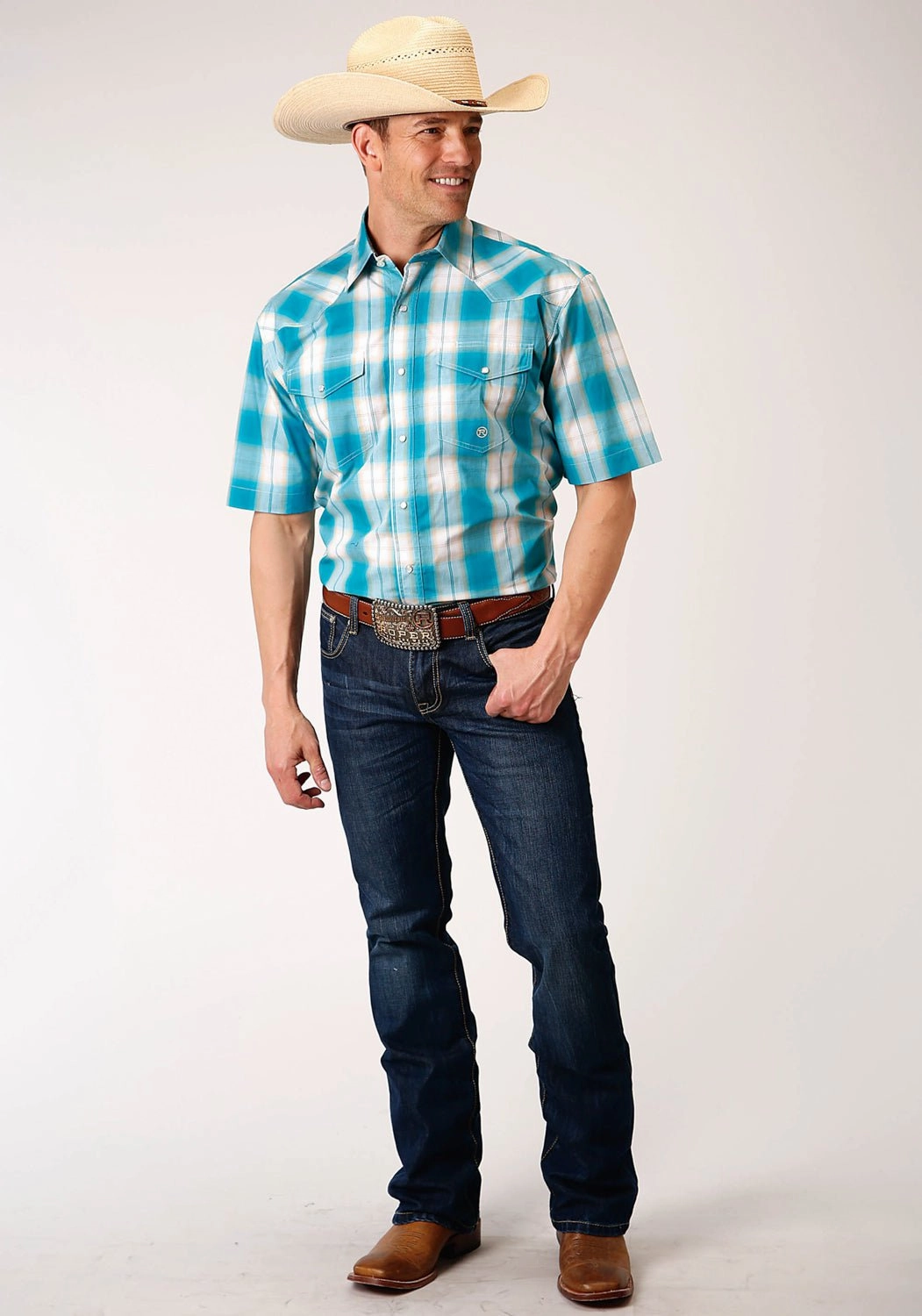 V-neck style Roper Mens Turquoise 100% Cotton Sand Ombre S/S Plaid Shirt