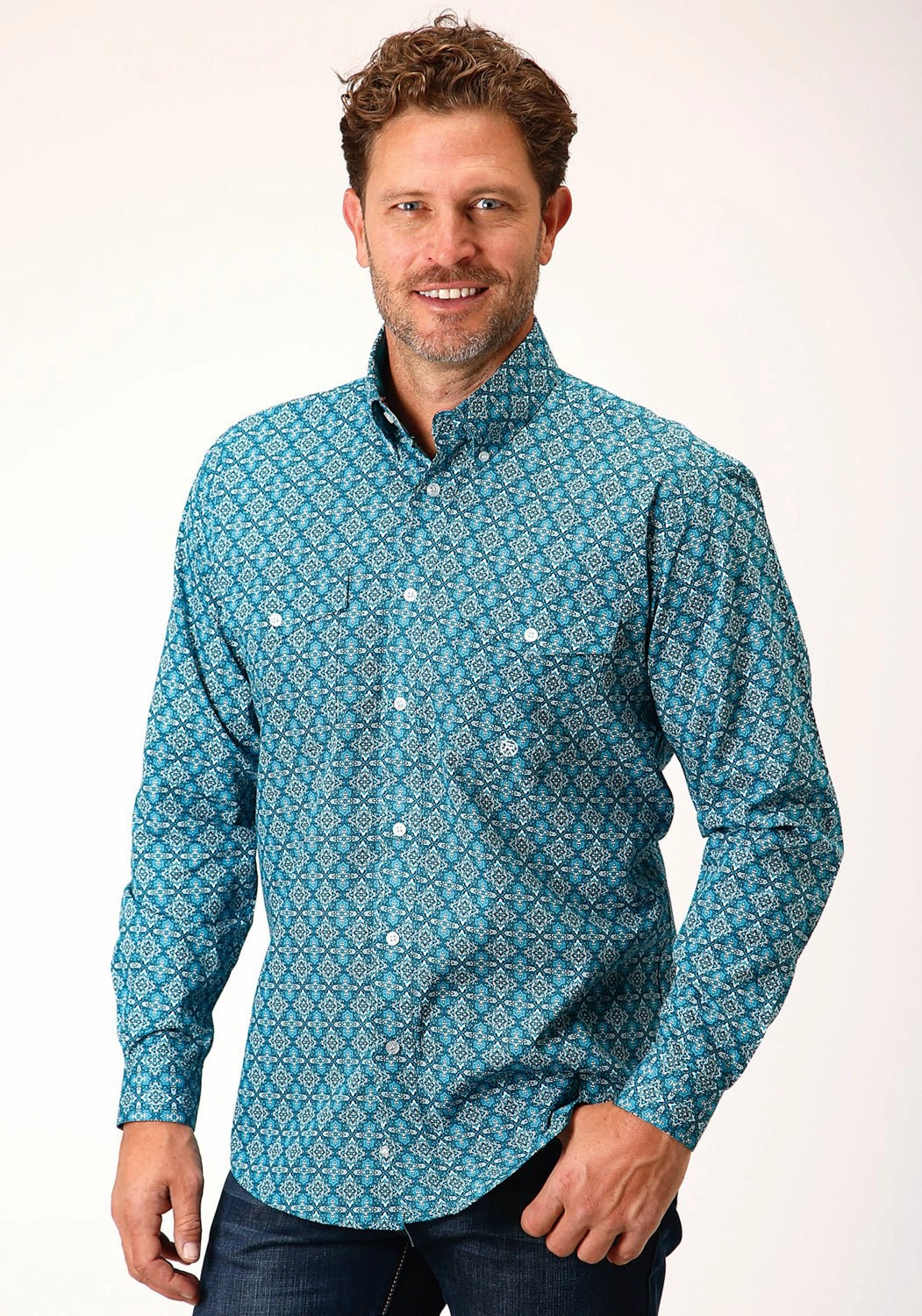 Button-up Roper Mens Turquoise 100% Cotton Victorian Foulard BD L/S Btn Shirt