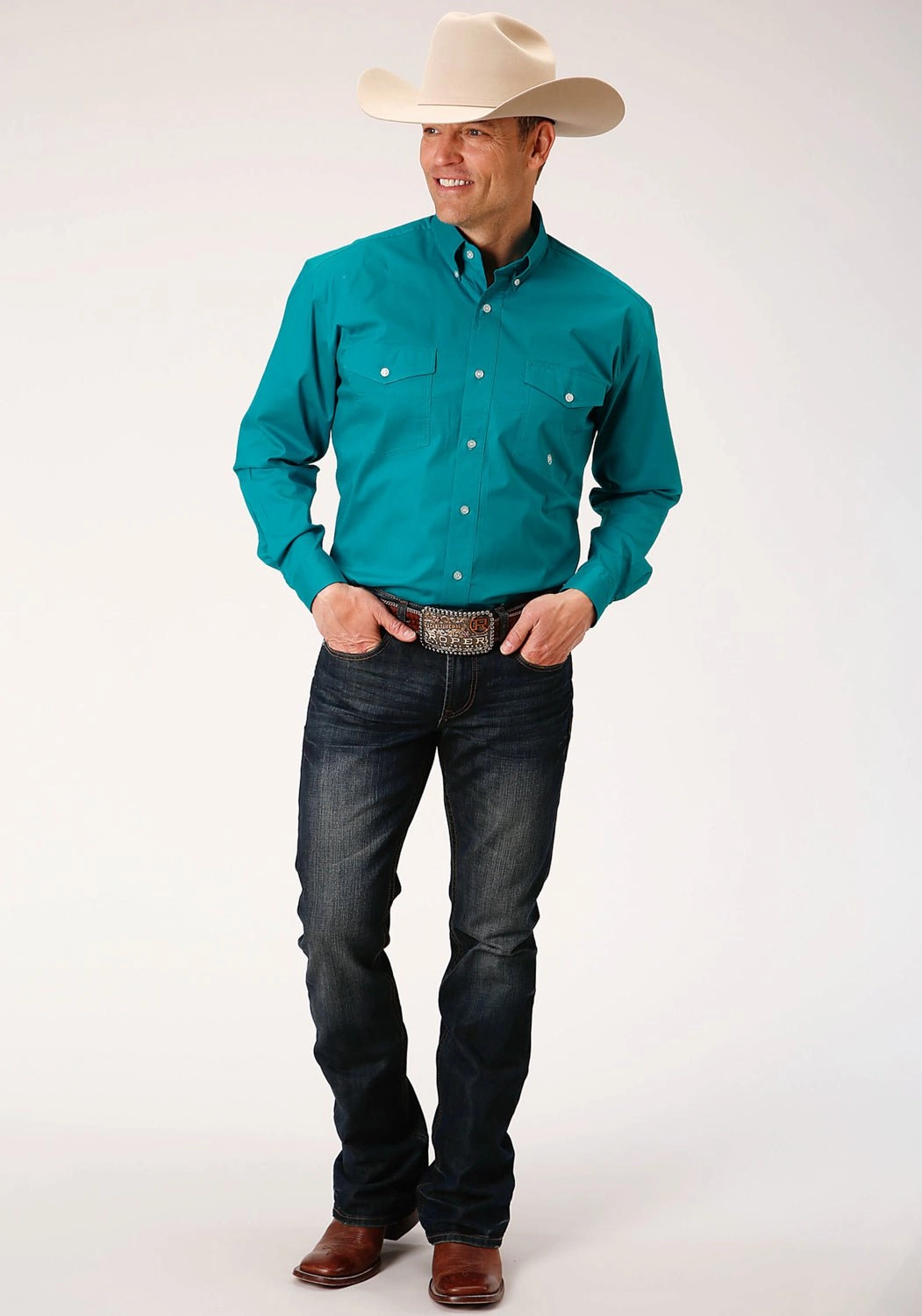 Striped style Anti Pill Technology Roper Mens Turquoise Cotton Blend Poplin Stretch BD L/S Btn Shirt