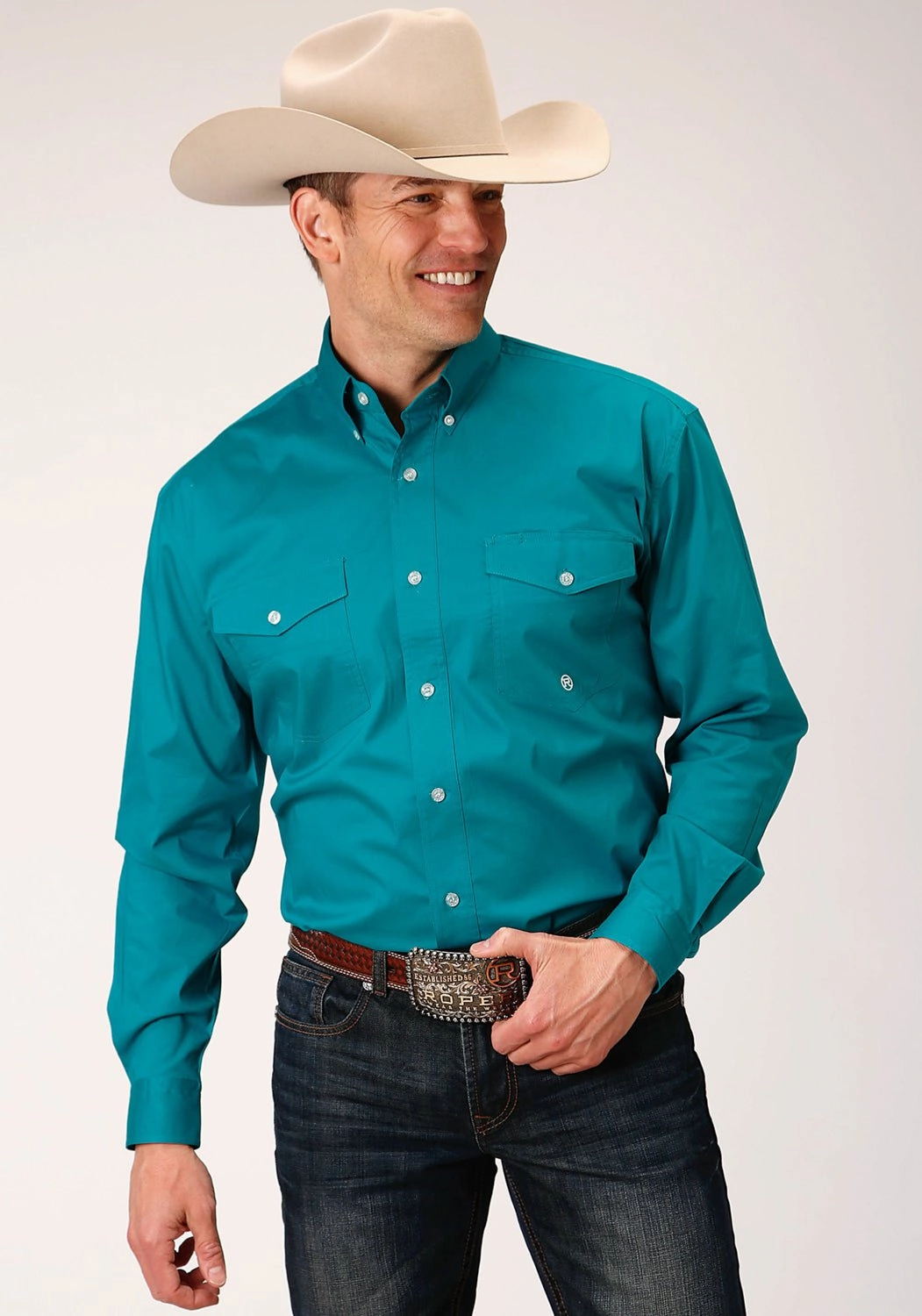 Roper Mens Turquoise Cotton Blend Poplin Stretch BD L/S Btn Shirt Seamless construction Wrinkle-Resistant