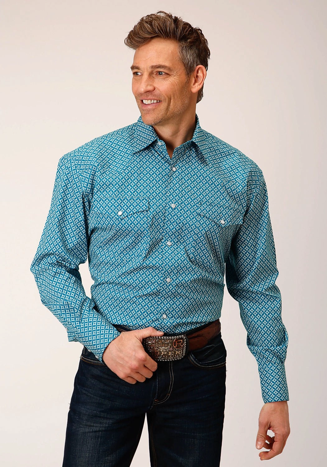 Roper Mens Turquoise Diamond Print Blue Cotton Blend L/S Shirt Wrinkle-Resistant Polished Style