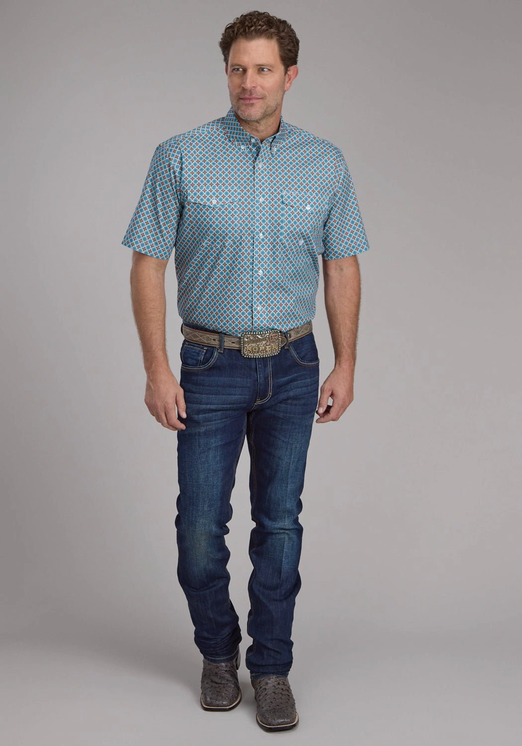 Breathable fabric Artistic Design Roper Mens Turquoise Tile Foulard Blue 100% Cotton Btn S/S Shirt