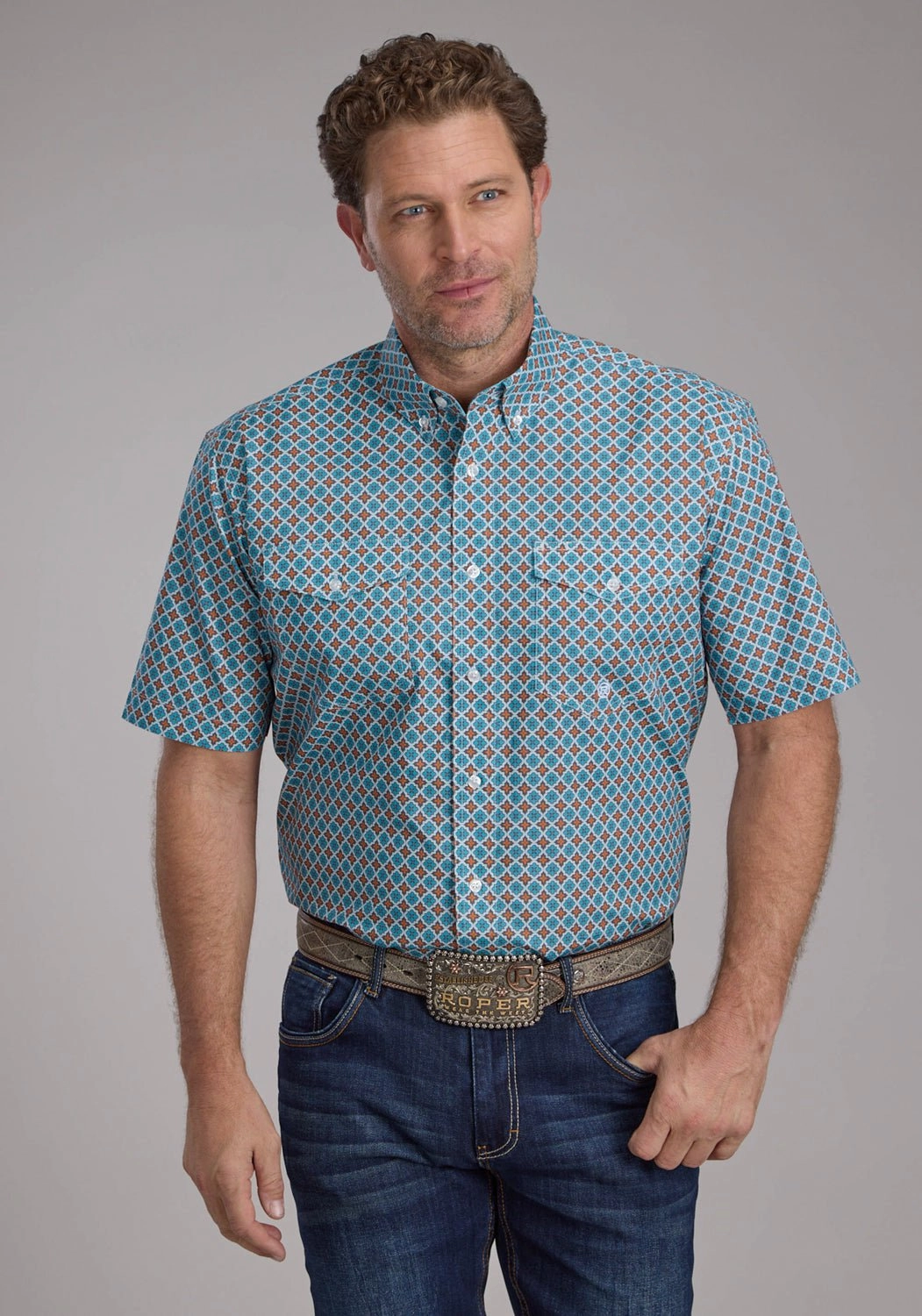 Essential Wardrobe Casual Comfort Roper Mens Turquoise Tile Foulard Blue 100% Cotton Btn S/S Shirt