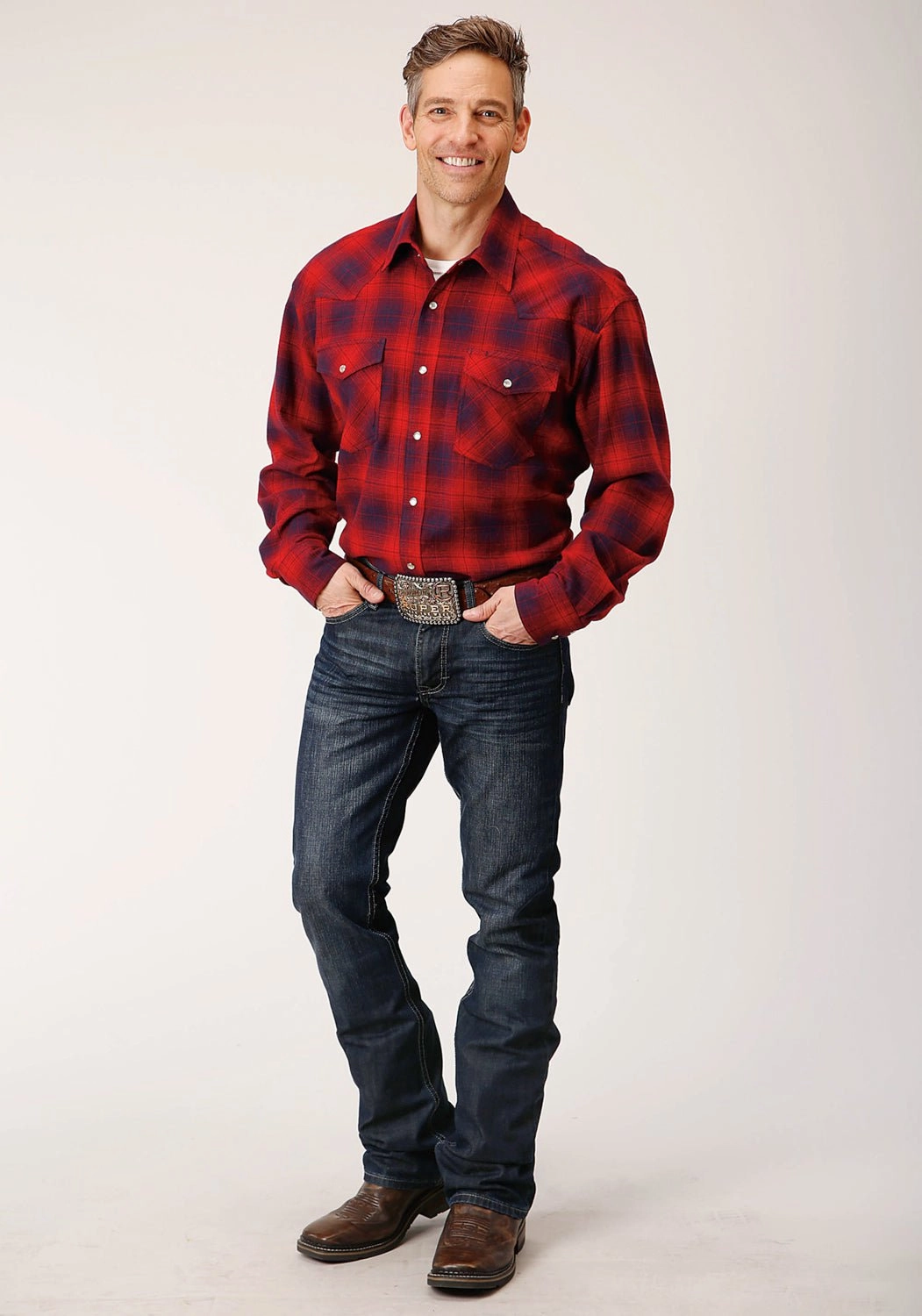 Durable Button Closures Easy Care Roper Mens Unlined Plaid Red 100% Cotton L/S Shirt