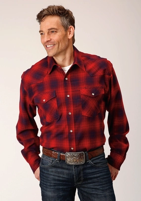Roper Mens Unlined Plaid Red 100% Cotton L/S Shirt Anti Odor Treatment