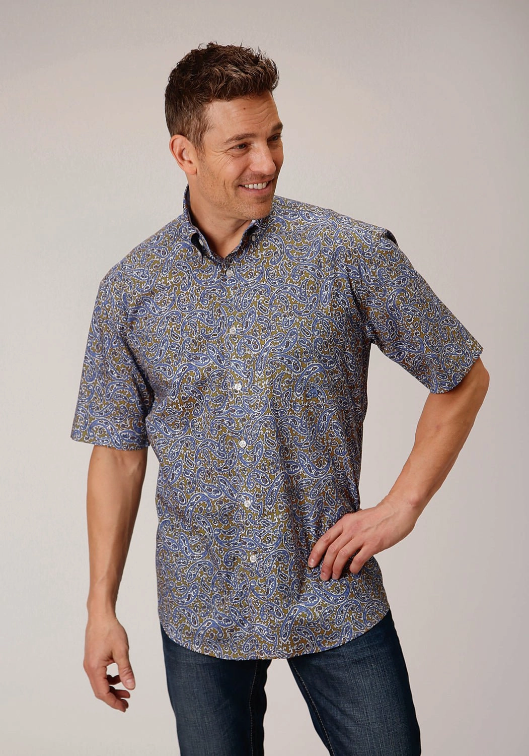 Weekend Casual Travel-friendly Roper Mens Valley Paisley Brown 100% Cotton S/S Shirt