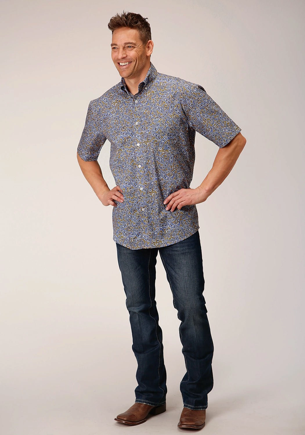 Stretchable Cloth Roper Mens Valley Paisley Brown 100% Cotton S/S Shirt