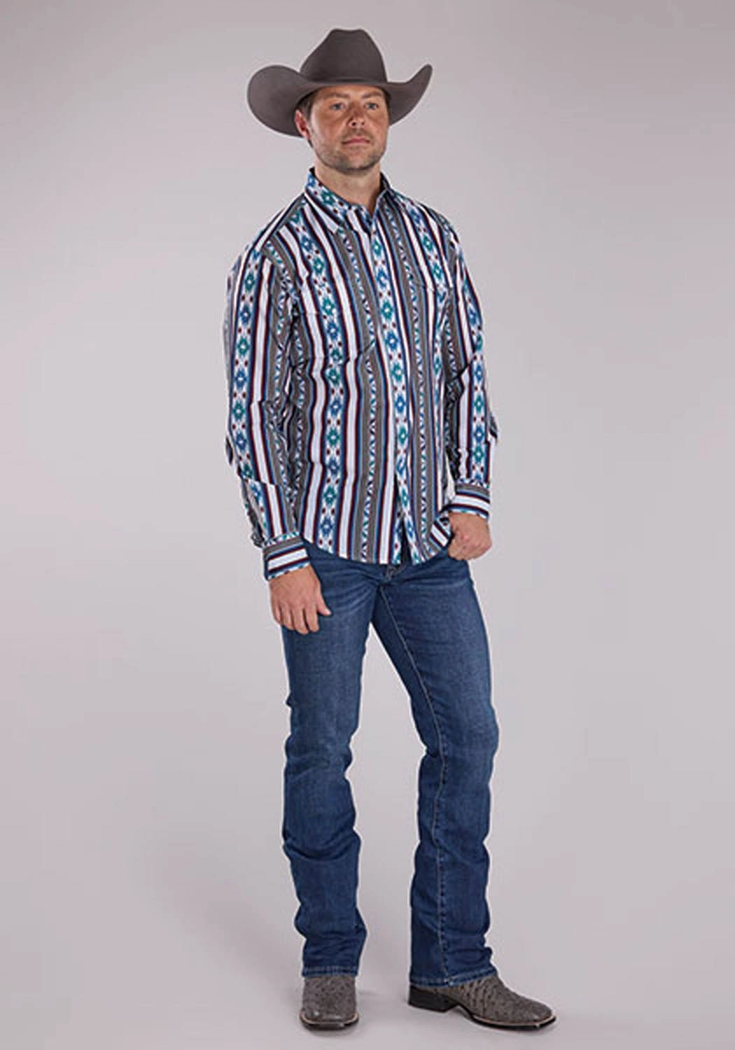 Multi Pocket Utility youth trend Roper Mens Vertical Retro Stripe Grey 100% Cotton L/S Shirt