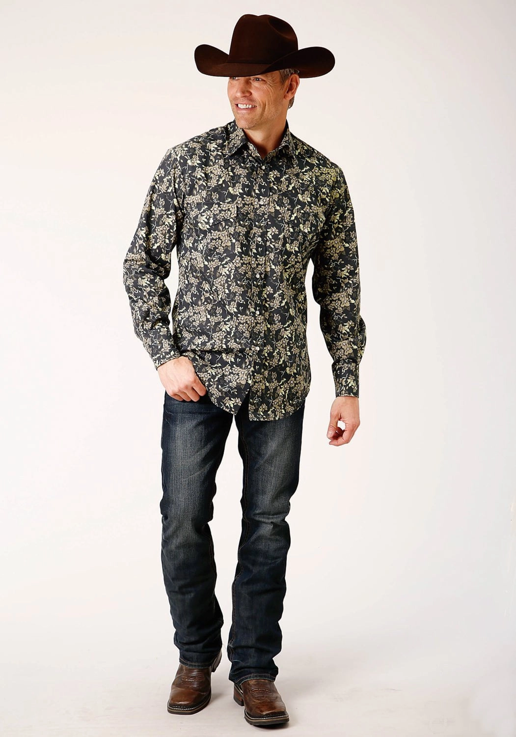 Eco Friendly Material Roper Mens Vintage Dark Floral Black Cotton Blend L/S Shirt