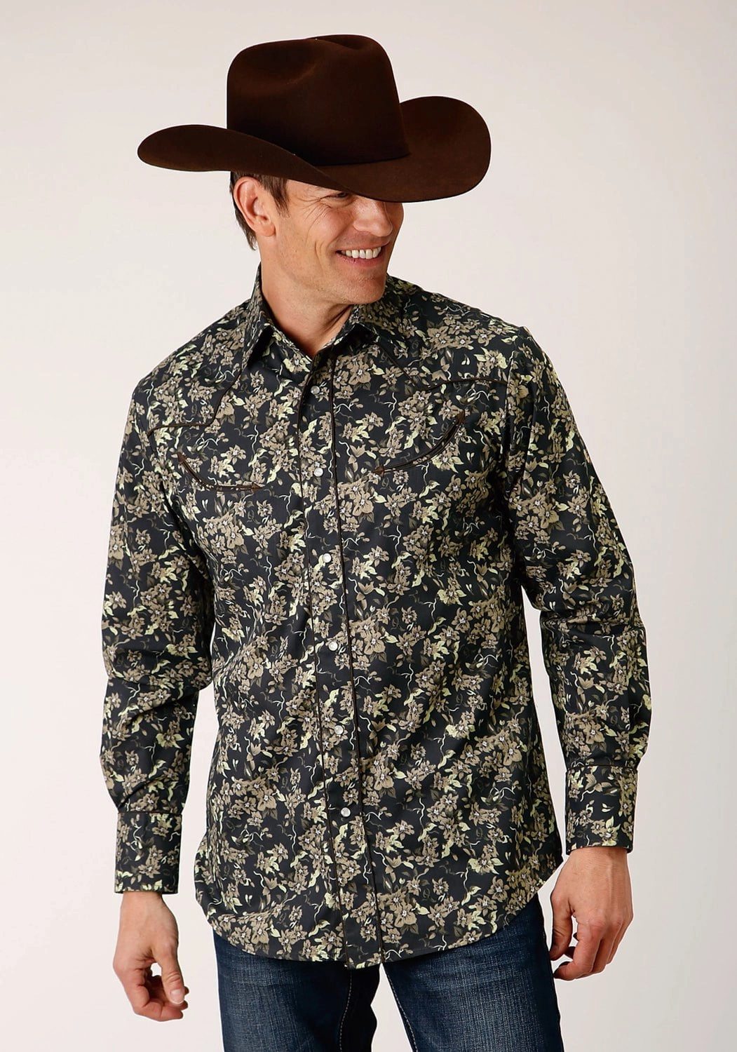 Roper Mens Vintage Dark Floral Black Cotton Blend L/S Shirt bohemian flair Hidden Placket