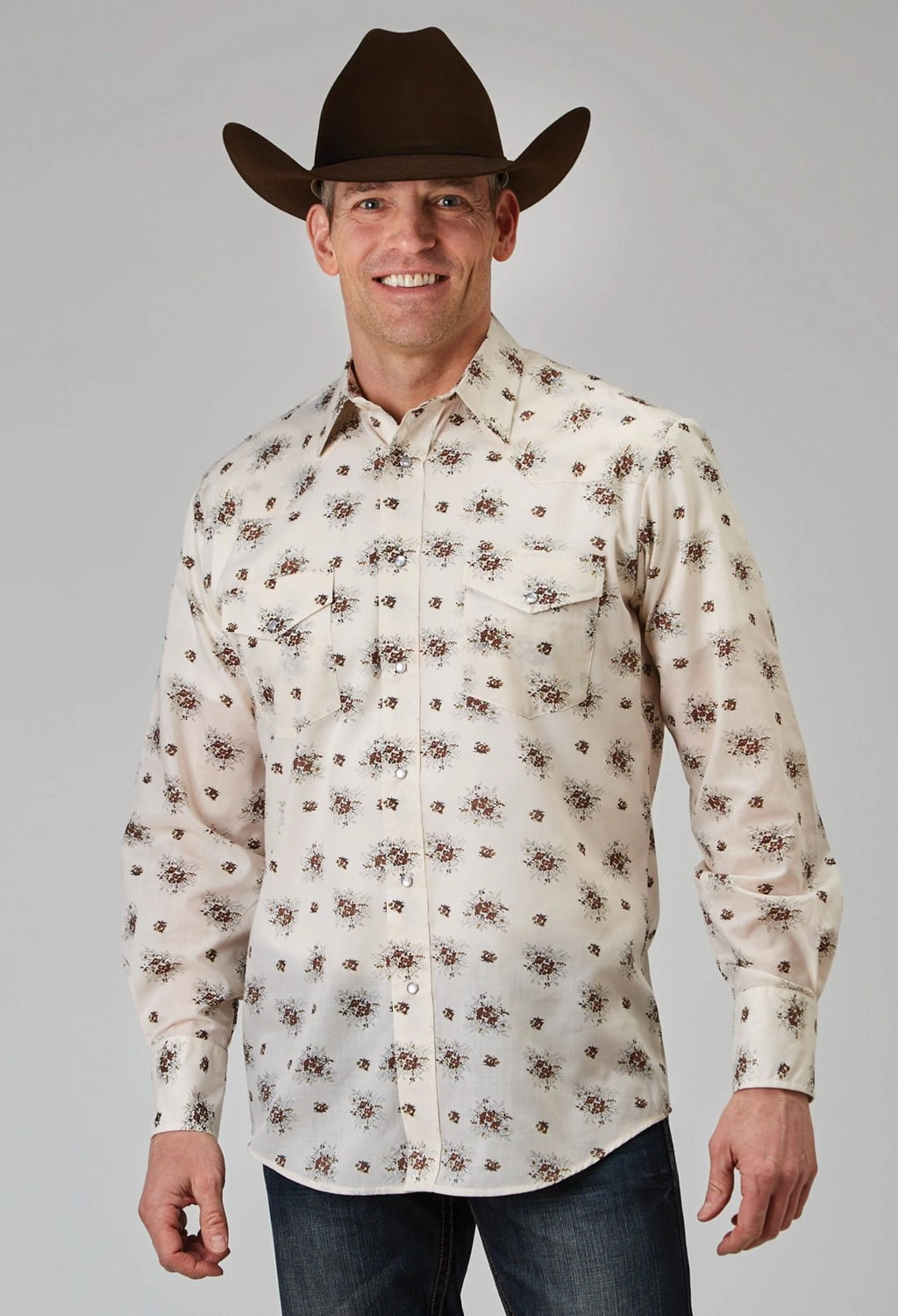 Seasonal Fashion Roper Mens Vintage Floral Cream Cotton Blend L/S Shirt