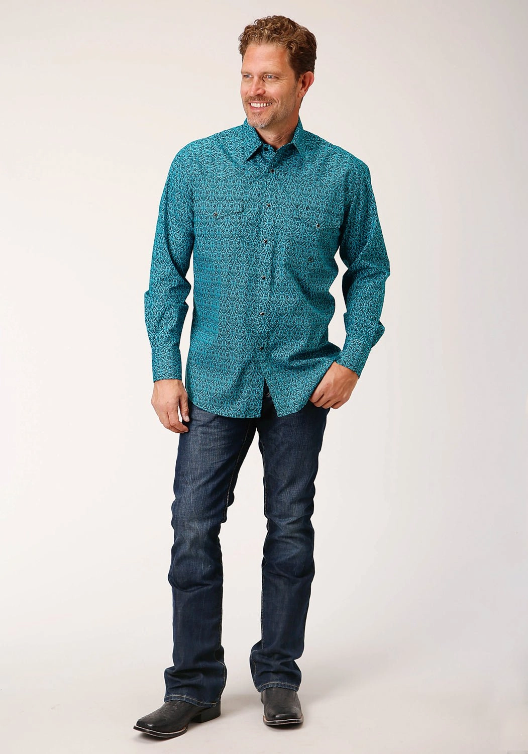 Weekend Style Roper Mens Vintage Teal Green 100% Cotton L/S Shirt