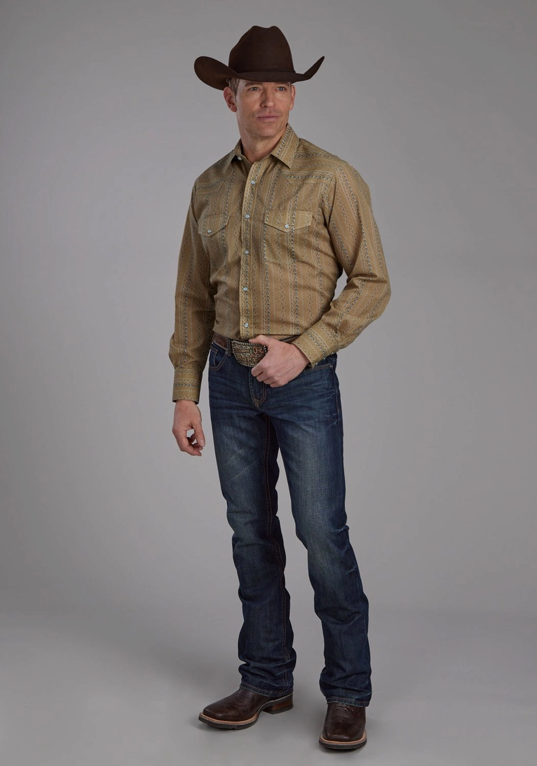 Stretch Fit Technology Water Repellent Finish Roper Mens Wallpaper Tan/Navy Cotton Blend L/S Shirt