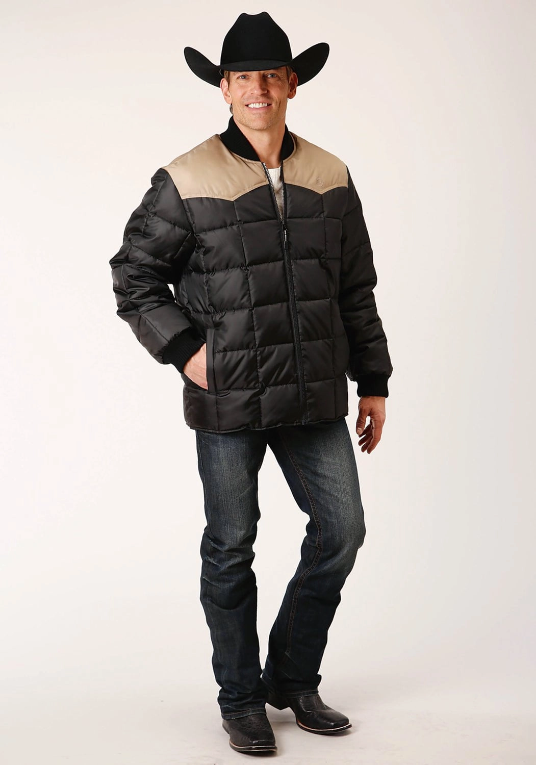Roper Mens Western Quilted Black 100% Polyester Insulated Jacket Practical Everyday Fit Collapsible Packable Style