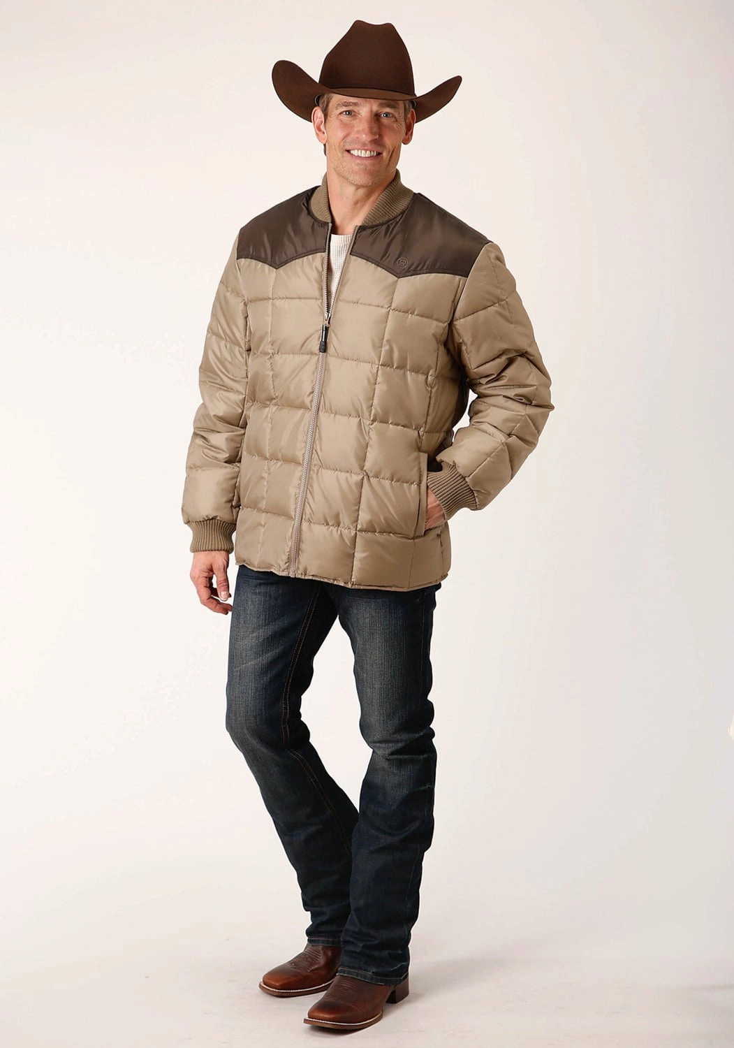 Roper Mens Western Quilted Brown 100% Polyester Insulated Jacket Heavy Duty Zippers Clean Lines