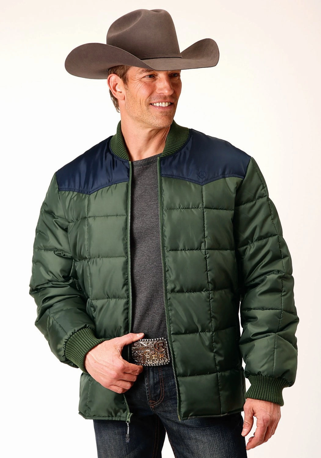 Roper Mens Western Quilted Green 100% Polyester Insulated Jacket Lightweight Shell Modern Utility