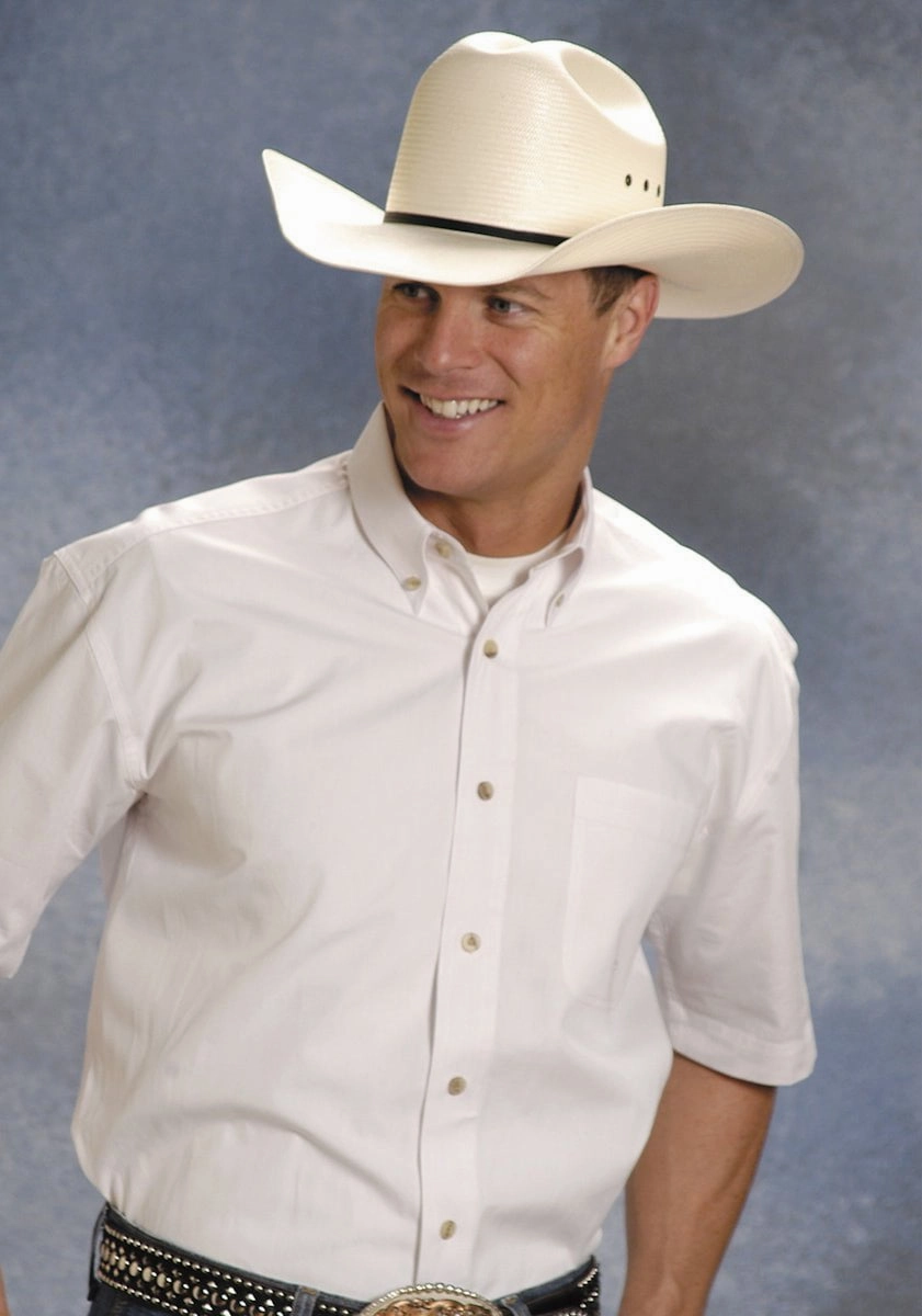 Roper Mens White 100% Cotton S/S 1 Pkt Button Down Poplin Western Shirt Social Meetup Smooth Seam Finish