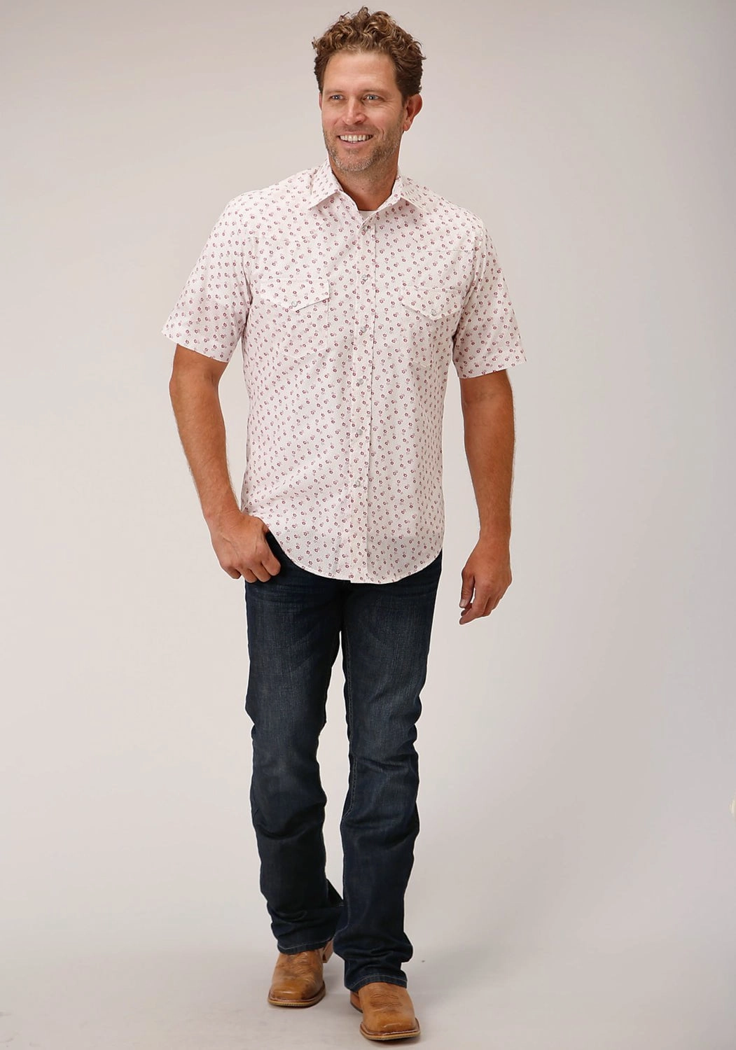 Solid Color Roper Mens White/Red Cotton Blend Floral S/S 55/45 Shirt