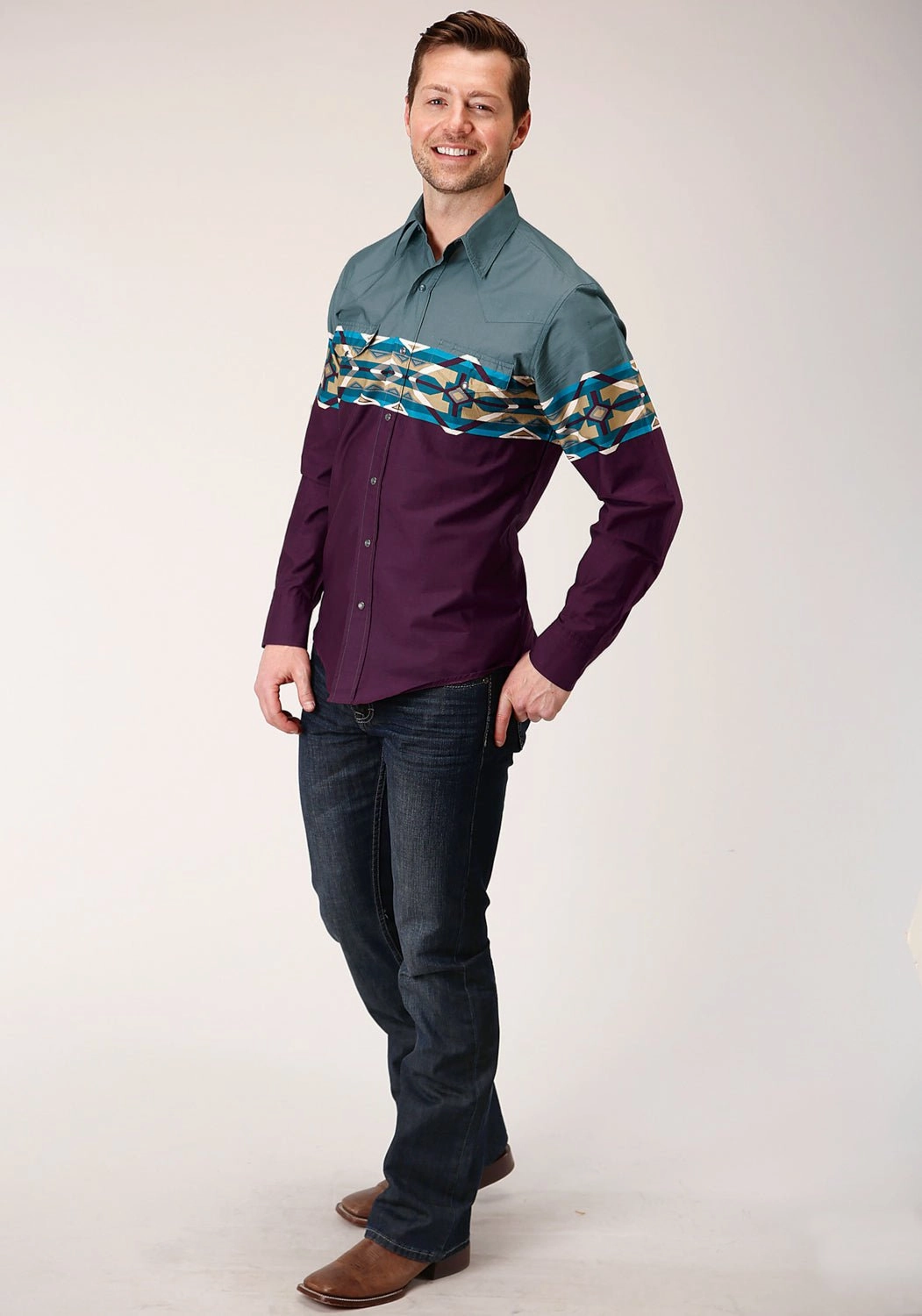 Anti Pilling Finish Roper Mens Wine 100% Cotton Tile Aztec L/S Snap Shirt