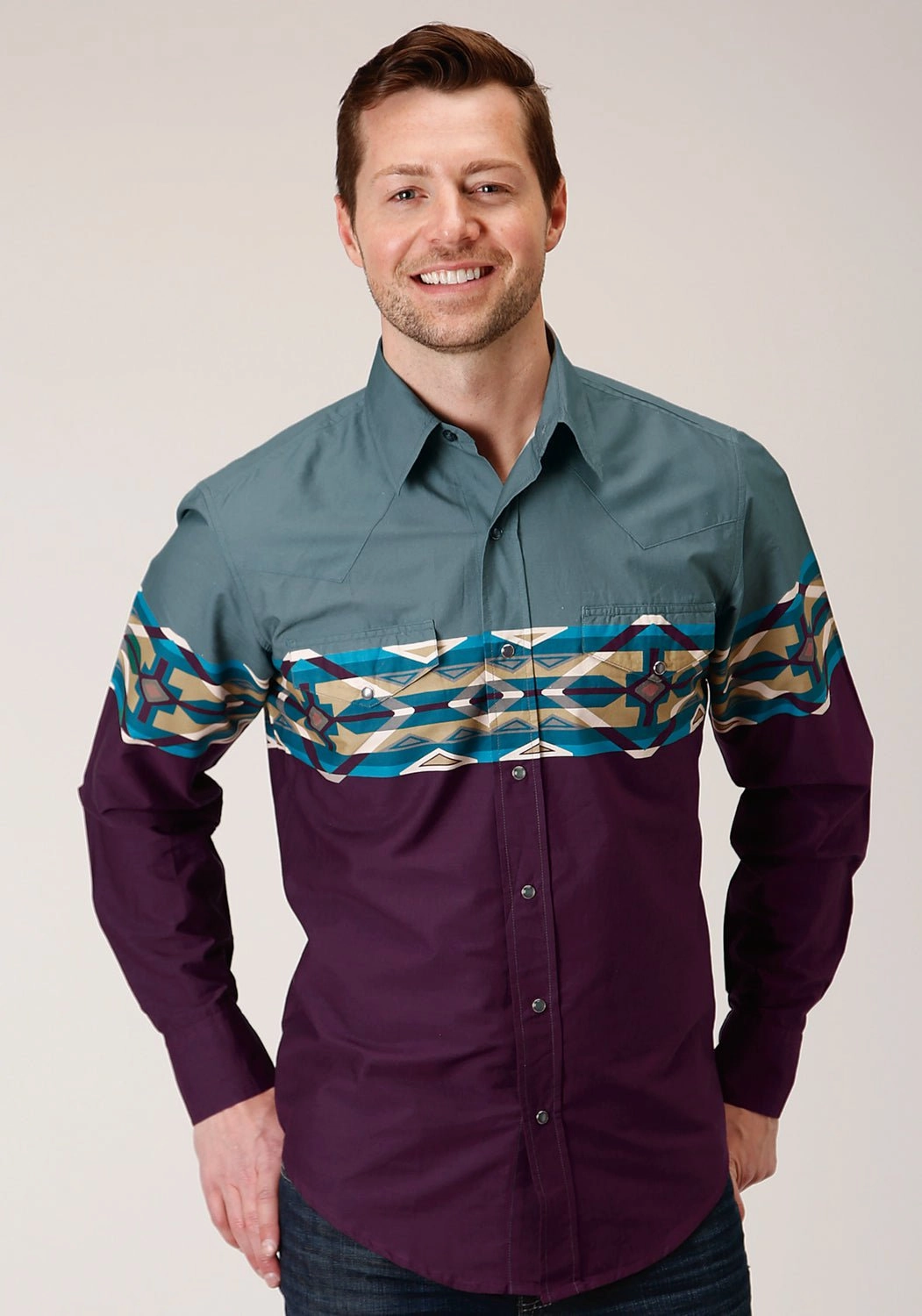 Roper Mens Wine 100% Cotton Tile Aztec L/S Snap Shirt handmade touch